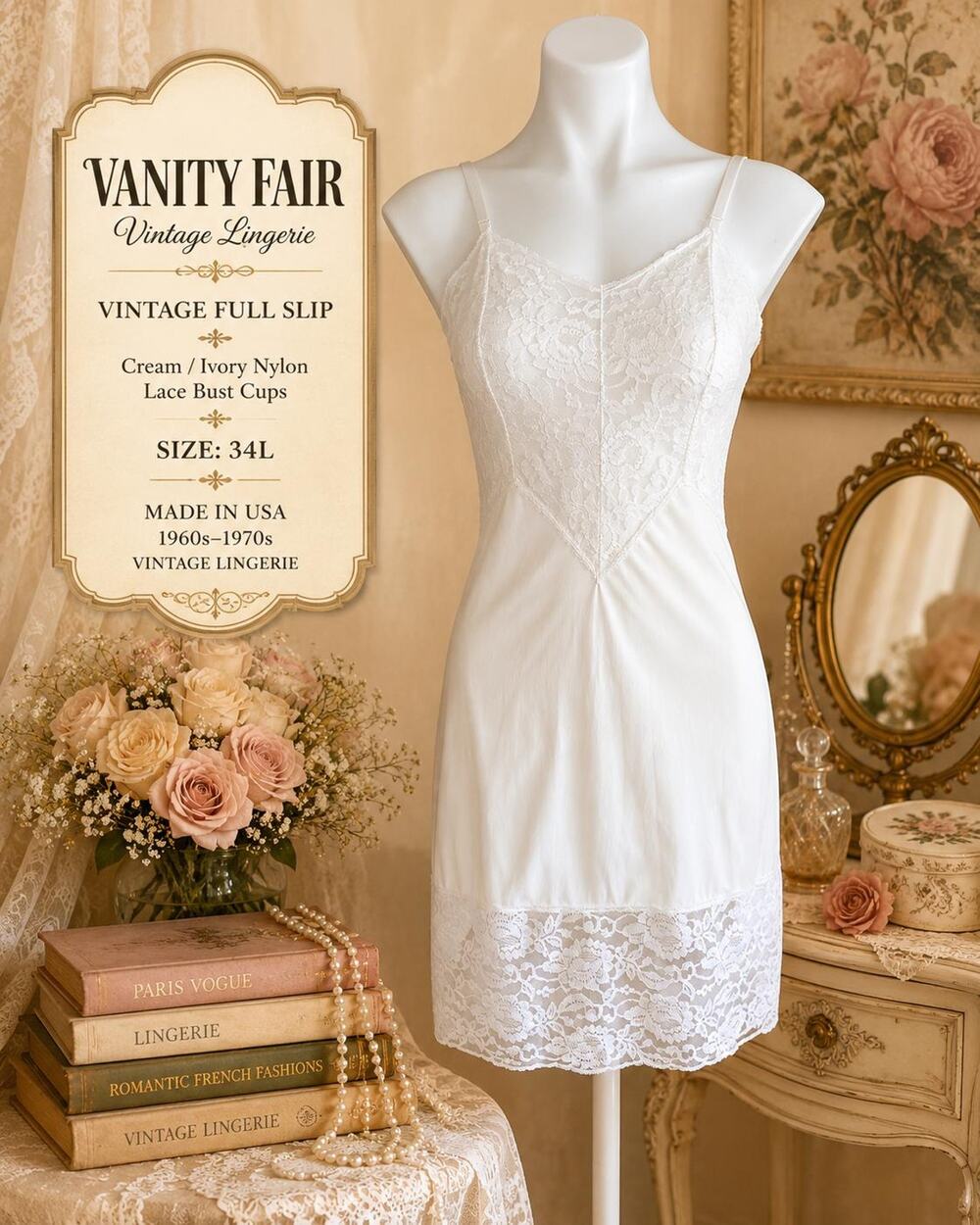 Vanity Fair Full Slip Size 34L Cream Ivory Lace Bust Cup Nylon Vintage Lingerie